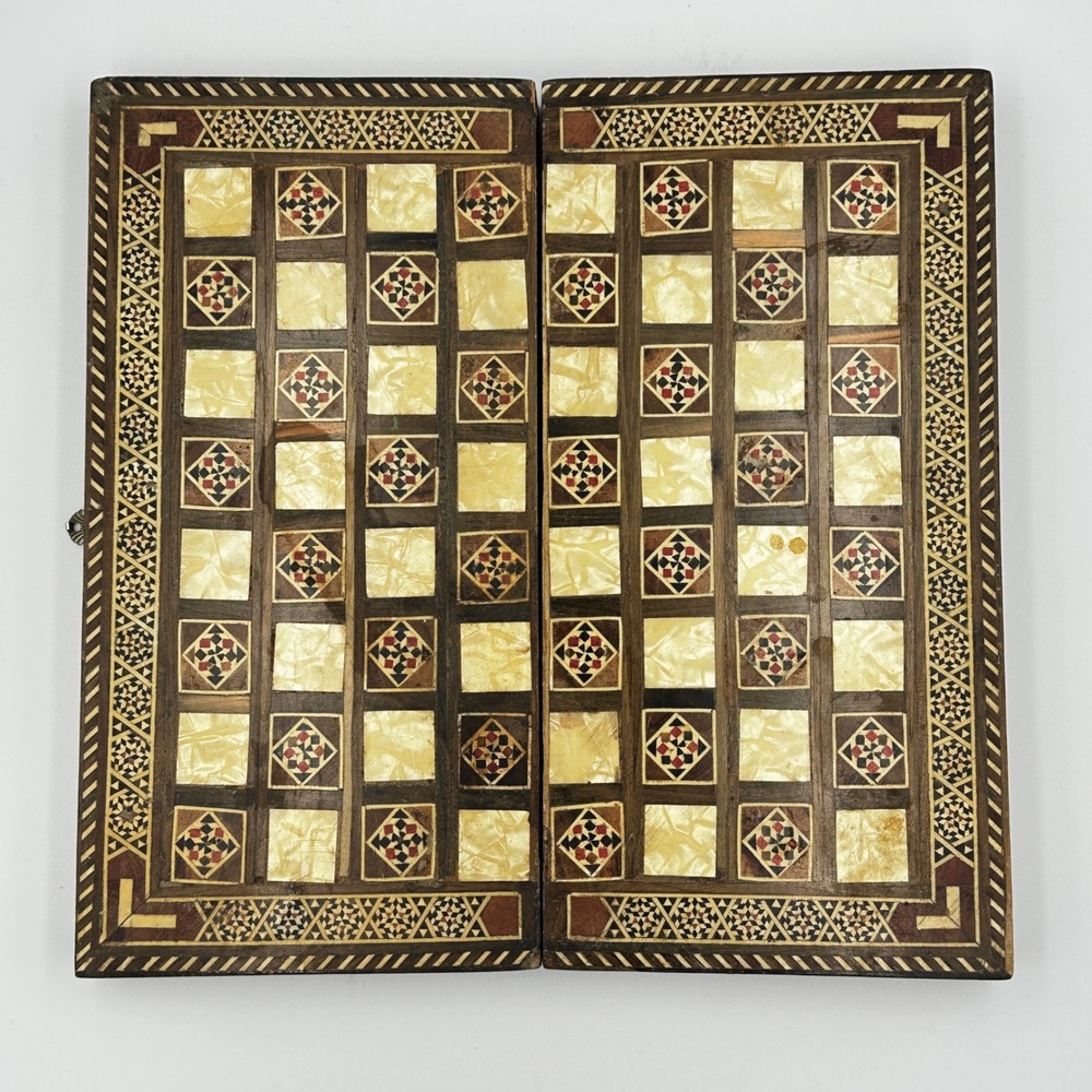 VTG Syrian Mosaic Game Board Chess‎ & Backgammon Marquetry Wood Mother of Pearl